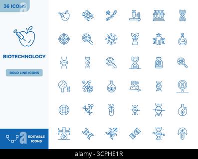 Pack prêt pour l'avenir de 36 icônes vectorielles sur le thème de la biotechnologie, présentant la conception Heavy Line avec une clarté parfaite de 128x128 PIXELS pour un utilisateur innovant Illustration de Vecteur