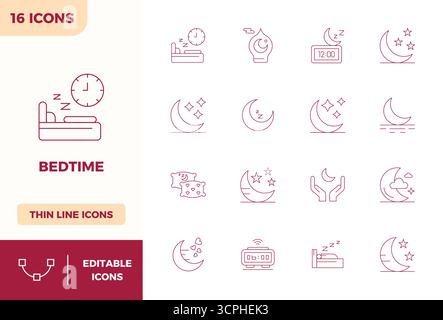 Ensemble sophistiqué de 16 icônes vectorielles de ligne minimale pour le coucher, conçu avec 128x128 PIXELS clarté parfaite pour les applications professionnelles. Illustration de Vecteur