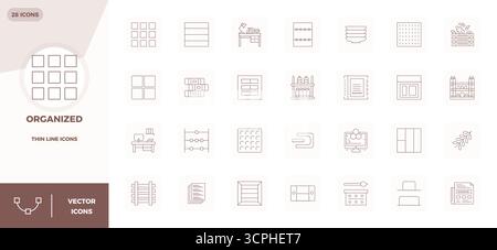 Pack distinctif d'icônes vectorielles parfaites de 28 PIXELS inspirées par organisé, fabriqué en format Thin Line à 128x128 pour des expériences de marque mémorables. Illustration de Vecteur