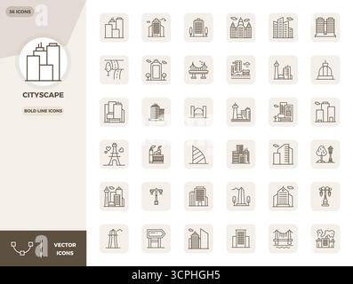 Débloquez 36 icônes vectorielles Bold Line PIXEL parfaites inspirées par Cityscape, optimisées au format 128x128 pour un affichage sans faille sur tous les appareils. Illustration de Vecteur