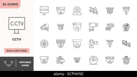 Ensemble simplifié de 24 icônes vectorielles pour CCTV dans l'esthétique Heavy Line, avec une résolution parfaite de 128x128 PIXELS pour une expérience utilisateur transparente. Illustration de Vecteur