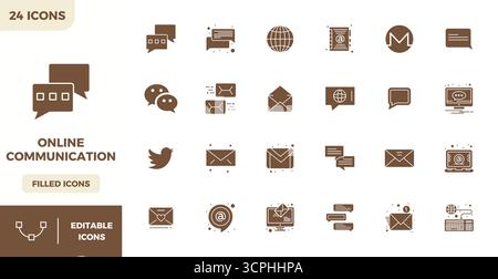 Ensemble sophistiqué de 24 icônes vectorielles remplies pour la communication en ligne, conçu avec une clarté parfaite de 128x128 PIXELS pour les applications professionnelles. Illustration de Vecteur