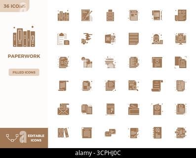 Cette collection dispose de 36 icônes vectorielles pleines de PIXELS parfaites adaptées au thème de la paperasserie, optimisées au format 128x128 pour la conception numérique. Illustration de Vecteur