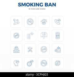 Transformez vos conceptions avec 16 icônes vectorielles Thin Outline sur le thème de Smoking Ban, conçues en 128x128 PIXELS résolution parfaite pour un maximum de clarté Illustration de Vecteur