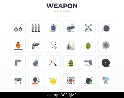 Collection exclusive de 24 icônes vectorielles minimales Flat pour arme, développée avec une résolution parfaite de 128x128 PIXELS pour des expériences de marque premium. Illustration de Vecteur