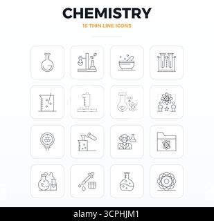 Ce pack d'icônes vectorielles de chimie comprend 16 designs Thin Outline au format 128x128 PIXELS parfait, parfait pour améliorer les interfaces numériques. Illustration de Vecteur