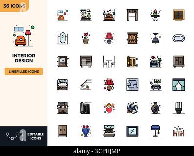 Pack innovant de 36 icônes vectorielles sur le thème du design d'intérieur, présentant la conception Flat Lineal Color au format parfait 128x128 PIXELS pour le chiffre moderne Illustration de Vecteur