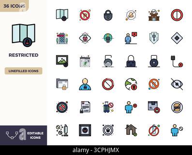 Ensemble sophistiqué de 36 icônes vectorielles Flat Lineal Color pour Restricted, conçu avec 128x128 PIXELS clarté parfaite pour les applications professionnelles. Illustration de Vecteur