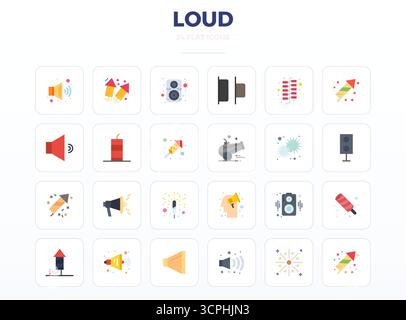 Collection exclusive de 24 icônes vectorielles minimales Flat pour Loud, développée avec une résolution parfaite de 128x128 PIXELS pour des expériences de marque premium. Illustration de Vecteur
