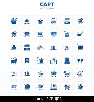 Un ensemble polyvalent de 36 icônes vectorielles SolidFill PIXEL Perfect axées sur le panier, livré dans un format 128x128 net idéal pour les applications mobiles et Web. Illustration de Vecteur