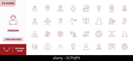 Ensemble sophistiqué de 32 icônes vectorielles de ligne minimale pour la personne, conçu avec 128x128 PIXELS clarté parfaite pour les applications professionnelles. Illustration de Vecteur
