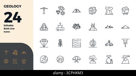 Collection contemporaine de 24 icônes vectorielles représentant la géologie dans l'esthétique Bold Line, avec 128x128 PIXELS résolution parfaite pour l'applicat moderne Illustration de Vecteur