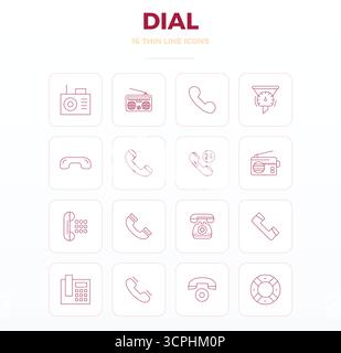Ensemble complet comprenant 16 icônes vectorielles dans la conception Thin Outline pour Dial, livré dans une qualité parfaite 128x128 PIXELS. Illustration de Vecteur