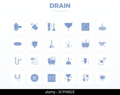 Pack organisé de 24 icônes vectorielles 128x128 dans la conception SolidFill, centrées autour des concepts de drain avec une clarté parfaite DE PIXEL. Illustration de Vecteur