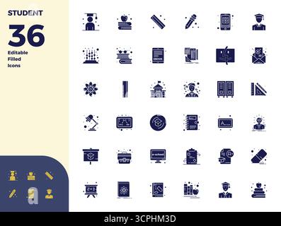 Cette collection comprend 36 icônes vectorielles pleines de PIXELS parfaits de glyphe adaptées au thème étudiant, optimisées au format 128x128 pour la conception numérique. Illustration de Vecteur