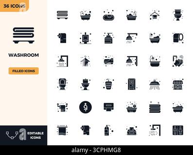 Une collection propre de 36 icônes vectorielles remplies représentant les toilettes, conçues en 128x128 PIXELS format parfait pour les tableaux de bord et les interfaces modernes. Illustration de Vecteur