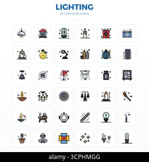 Cet ensemble de 36 icônes vectorielles LineFill capture des thèmes d'éclairage en 128x128 PIXELS DE qualité parfaite, parfait pour les applications technologiques et commerciales. Illustration de Vecteur