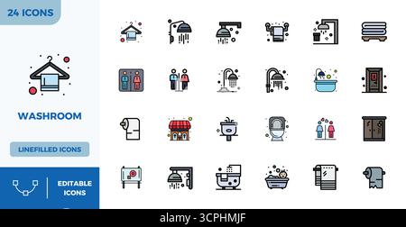 Pack prêt pour l'avenir de 24 icônes vectorielles sur le thème autour des toilettes, présentant un design Flat Lineal Color avec une clarté parfaite de 128x128 PIXELS pour une utilisation innovante Illustration de Vecteur