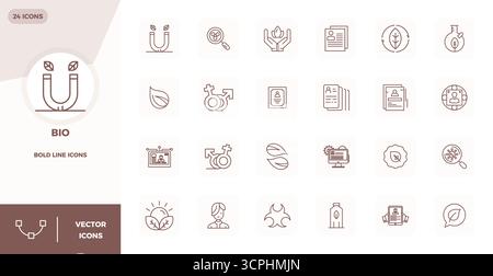 Collection avancée d'icônes vectorielles parfaites de 24 PIXELS inspirées par Bio, conçues en Bold Line avec une optimisation 128x128 pour des performances visuelles supérieures. Illustration de Vecteur