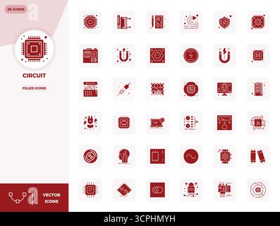 Un ensemble polyvalent d'icônes vectorielles parfaites de 36 PIXELS pleins axées sur circuit, livré dans un format 128x128 net idéal pour les applications mobiles et Web. Illustration de Vecteur
