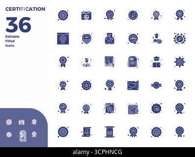 Pack distinctif d'icônes vectorielles parfaites de 36 PIXELS inspirées par la certification, conçu en format rempli de glyphes à 128x128 pour des expériences de marque mémorables Illustration de Vecteur