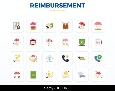 Ce pack d'icônes vectorielles de remboursement comprend 24 designs minimaux plats au format 128x128 PIXELS parfait, parfait pour améliorer les interfaces numériques. Illustration de Vecteur
