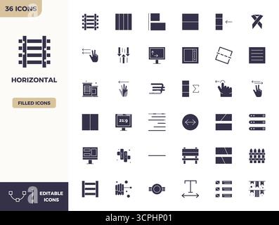 Ensemble sophistiqué de 36 icônes vectorielles remplies pour horizontal, conçu avec 128x128 PIXELS clarté parfaite pour les applications professionnelles. Illustration de Vecteur