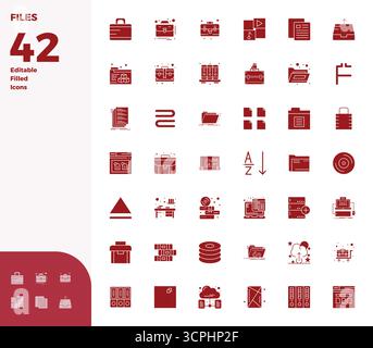 Une collection propre de 42 icônes vectorielles remplies de glyphes représentant des fichiers, conçu en 128x128 PIXELS format parfait pour les tableaux de bord et les interfaces modernes. Illustration de Vecteur