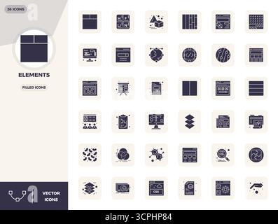 Collection artisanale avec 36 icônes vectorielles remplies pour les éléments, optimisées en 128x128 PIXELS résolution parfaite pour des expériences numériques premium. Illustration de Vecteur