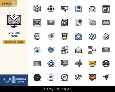 Ensemble sophistiqué de 36 icônes vectorielles couleur linéaire plat pour Digital mail, conçu avec 128x128 PIXELS clarté parfaite pour une application professionnelle Illustration de Vecteur