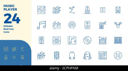 Ensemble simplifié de 24 icônes vectorielles pour Music Player en esthétique Bold Line, avec une résolution parfaite de 128x128 PIXELS pour une expérience utilisateur transparente. Illustration de Vecteur