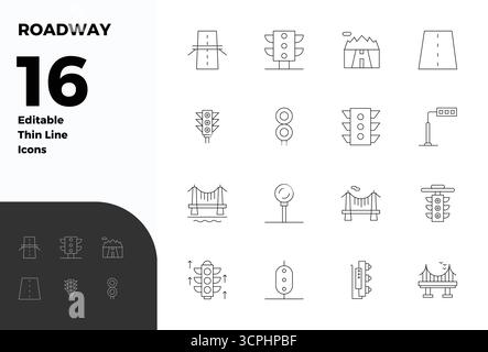 Télécharger 16 icônes vectorielles évolutives Thin Line conçues pour la chaussée, avec une résolution 128x128 PIXEL parfait adaptée aux professionnels et créatifs pr Illustration de Vecteur