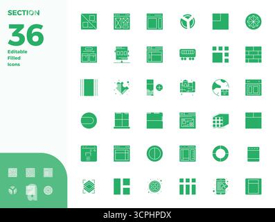 Collection artisanale avec 36 icônes vectorielles remplies de glyphe pour section, optimisée en 128x128 PIXELS résolution parfaite pour une expérience numérique premium Illustration de Vecteur
