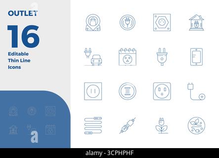 Collection contemporaine de 16 icônes vectorielles représentant Outlet in Thin Line esthétique, avec 128x128 PIXELS résolution parfaite pour applicati moderne Illustration de Vecteur