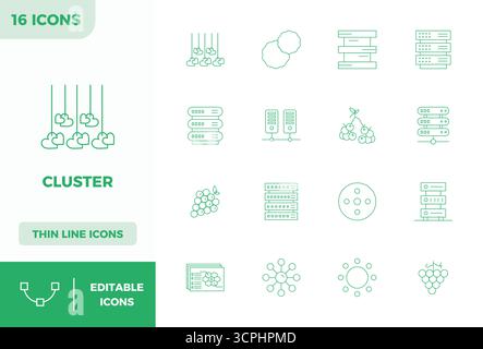 Pack prêt pour l'avenir de 16 icônes vectorielles sur le thème de Cluster, présentant la conception minimale de ligne avec 128x128 PIXELS clarté parfaite pour l'inte de l'utilisateur innovant Illustration de Vecteur