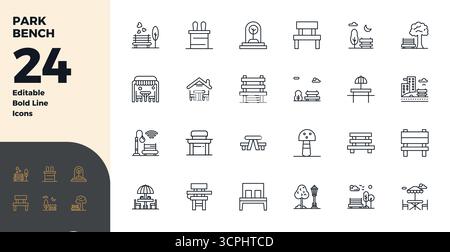 Collection avancée d'icônes vectorielles parfaites de 24 PIXELS inspirées par Park Bench, conçues en Bold Line avec une optimisation 128x128 pour une perfor visuelle supérieure Illustration de Vecteur