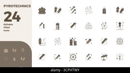 Boîte à outils complète de 24 icônes vectorielles sur le thème de la pyrotechnie, développé en glyphe rempli de 128x128 PIXELS précision parfaite pour desi polyvalent Illustration de Vecteur