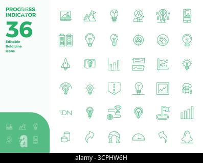 Découvrez un ensemble de 36 icônes vectorielles Bold Line conçues pour le thème indicateur de progrès, avec des designs parfaits 128x128 PIXELS idéaux pour l'interface utilisateur / UX moderne p Illustration de Vecteur