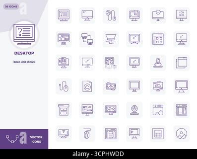Ce pack d'icônes vectorielles de bureau comprend 36 modèles Bold Line au format parfait 128x128 PIXELS, parfait pour améliorer les interfaces numériques. Illustration de Vecteur