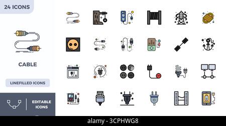 Parfaitement équilibré 24 Flat Lineal Color PIXEL icônes vectorielles parfaites pour câble, dimensionné à 128x128 pour une intégration harmonieuse dans les projets de conception numérique. Illustration de Vecteur