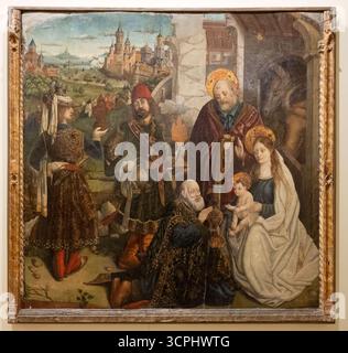 Salamanque, Espagne - 23 mars 25 : peinture de la Renaissance représentant l'Adoration des Mages avec trois sages présentant des cadeaux à l'enfant Jésus, Marie et Banque D'Images
