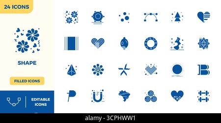 Pack organisé de 24 icônes vectorielles 128x128 dans un design rempli, centré autour de concepts de forme avec une clarté parfaite DE PIXEL. Illustration de Vecteur