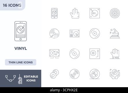 Un ensemble dynamique de 16 icônes vectorielles en ligne minimale, adapté pour le vinyle avec 128x128 PIXELS qualité parfaite adapté aux produits numériques. Illustration de Vecteur