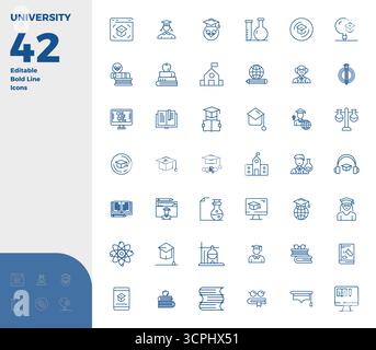 Collection haute performance de 42 icônes vectorielles Bold Line pour Université, conçue avec une résolution parfaite de 128x128 PIXELS pour une interface utilisateur optimale d Illustration de Vecteur