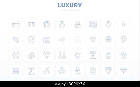 Collection de 32 icônes vectorielles parfaites de PIXEL Thin Outline pour le luxe, conçues en format 128x128 pour la clarté et la polyvalence. Illustration de Vecteur
