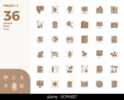 Collection artisanale avec 36 icônes vectorielles remplies de glyphes pour Project, optimisée en 128x128 PIXELS résolution parfaite pour une expérience numérique premium Illustration de Vecteur