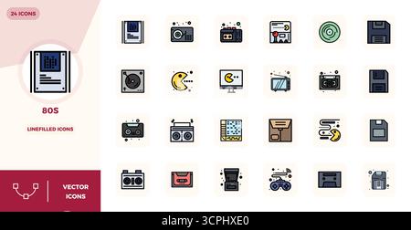 Magistralement créé 24 icônes vectorielles représentant 80S dans la conception LineFilled, avec 128x128 PIXELS résolution parfaite pour une qualité visuelle exceptionnelle. Illustration de Vecteur