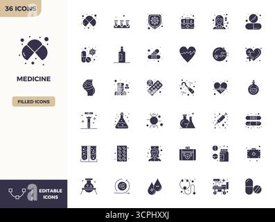 Paquet complet de 36 icônes vectorielles sur le thème de la médecine, présentant un design rempli en 128x128 PIXELS DE qualité parfaite pour les interfaces modernes. Illustration de Vecteur
