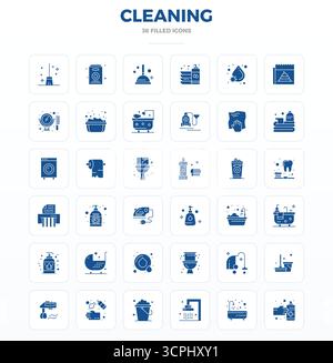Un ensemble dynamique de 36 icônes vectorielles dans SolidFill, adapté pour le nettoyage avec 128x128 PIXELS qualité parfaite adapté aux produits numériques. Illustration de Vecteur