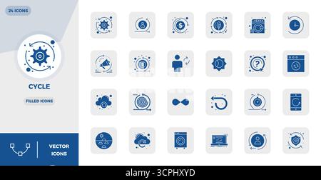 Pack essentiel d'icônes vectorielles parfaites de 24 PIXELS pour cycle en format rempli, dimensionné à 128x128 pour des performances et une évolutivité optimales. Illustration de Vecteur